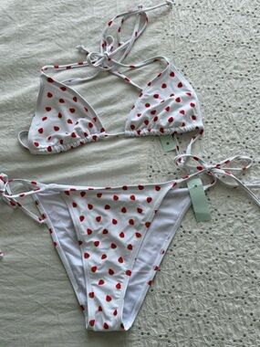 White Strawberry Print Tie-Side Bikini Top & Bottom